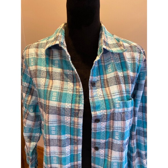Fashion Bug Button Down Blouse Size 14 16 Turquoise Plaid Stripes 100% Cotton - Picture 2 of 9
